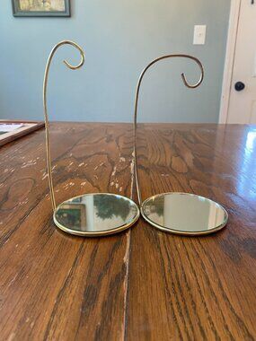 Set Of 2 Vintage Gold Metal Ornament Stands With Round Mirror Base 8 Inches Tall